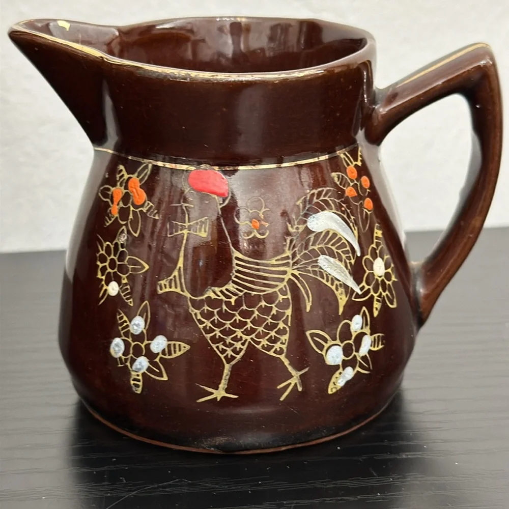 Rooster Redware Moriage Pottery Milk Pitcher & Creamer Set Japan